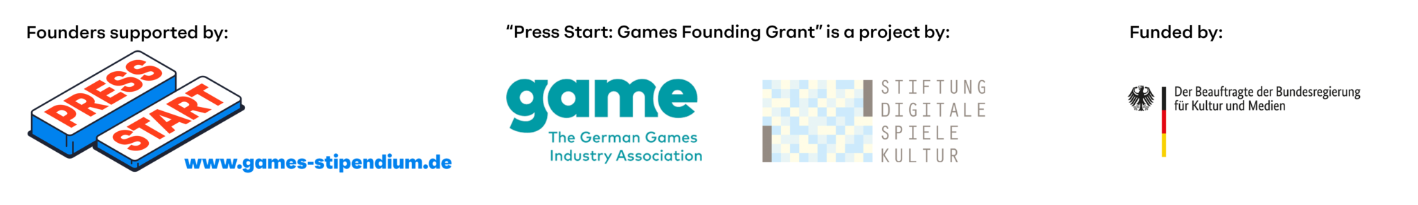 Founders supported by Press Start. Press Start: Games Founding Grant is a project by game, The German Games Industry Association, and Stiftung Digitale Spielekultur. Funded by Der Beauftragte der Bundesregierung fur Kultur und Medien.
