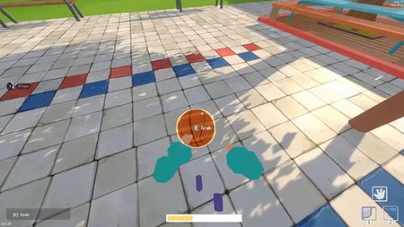 First-person basketball possession on a colorful school court.