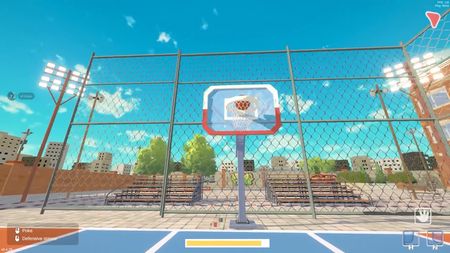 Basketball going through the hoop during first-person gameplay.