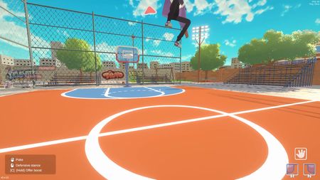 Player jumping during an energetic basketball play.